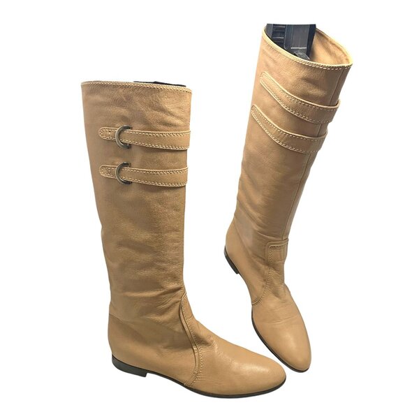 Sergio Rossi Leather Buckle Accent Pull‎ On Tall Boots